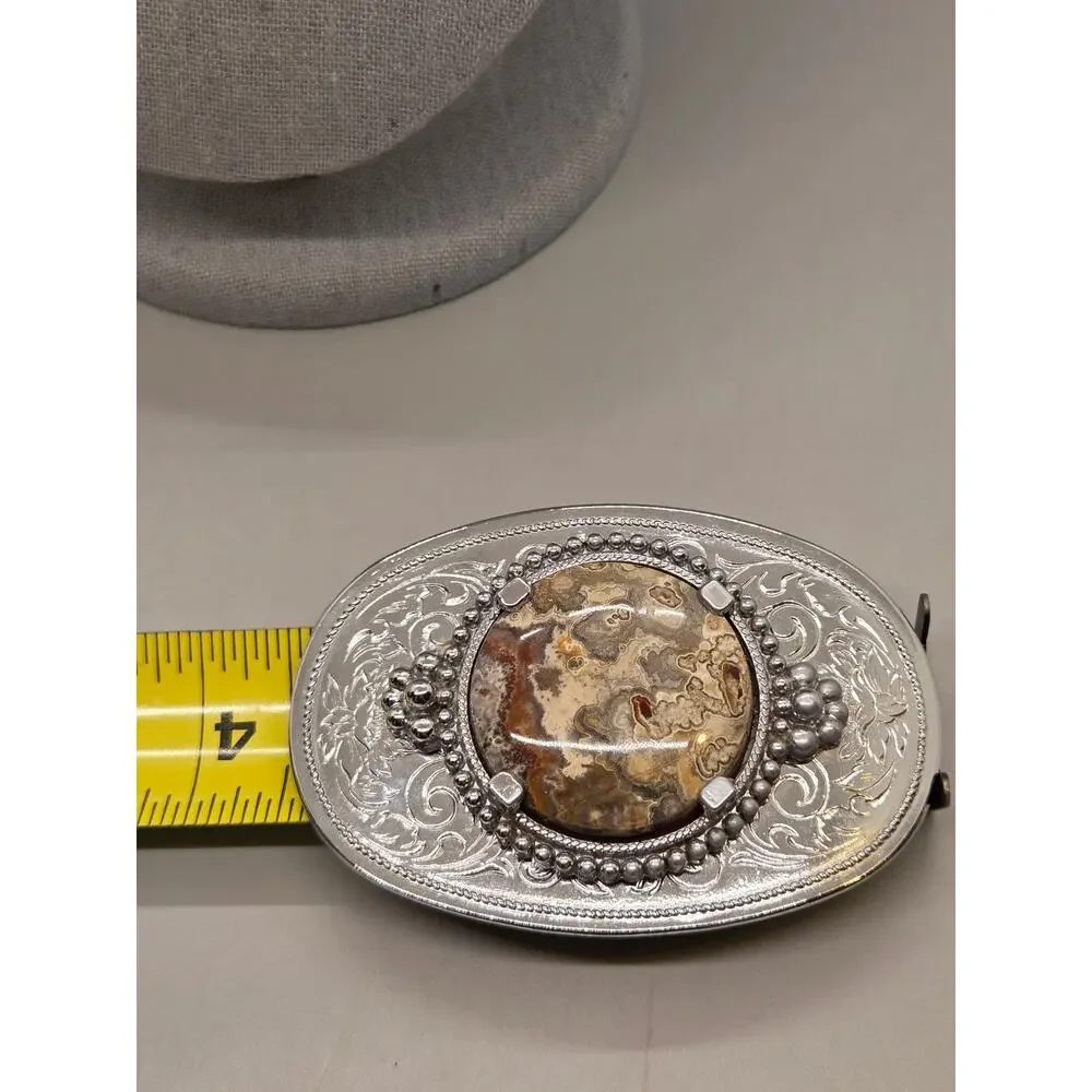 Western belt Buckle Engraved Silver-Tone With A Polished Agate Gemstone Cabochon